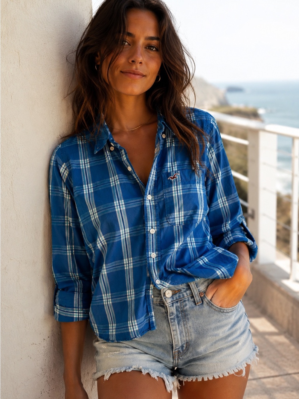 Hollister Blue Plaid Boyfriend Shirt XL Oversized Coastal Preppy Cotton Y2K
